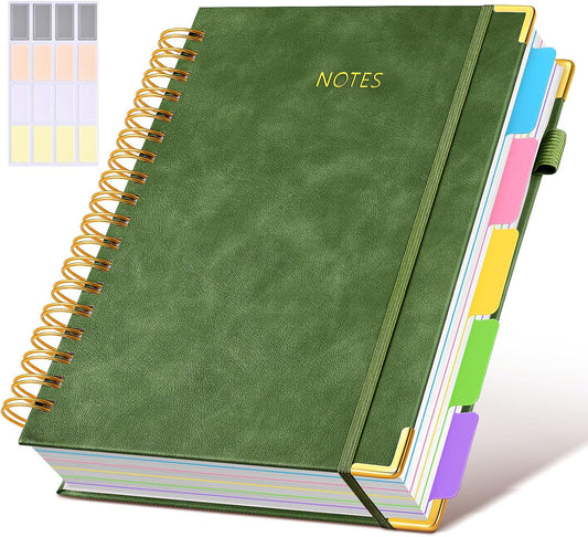 Leather 5 Subject Notebook: 300 Pages, Dividers, Large 8x10, College Ruled - Green