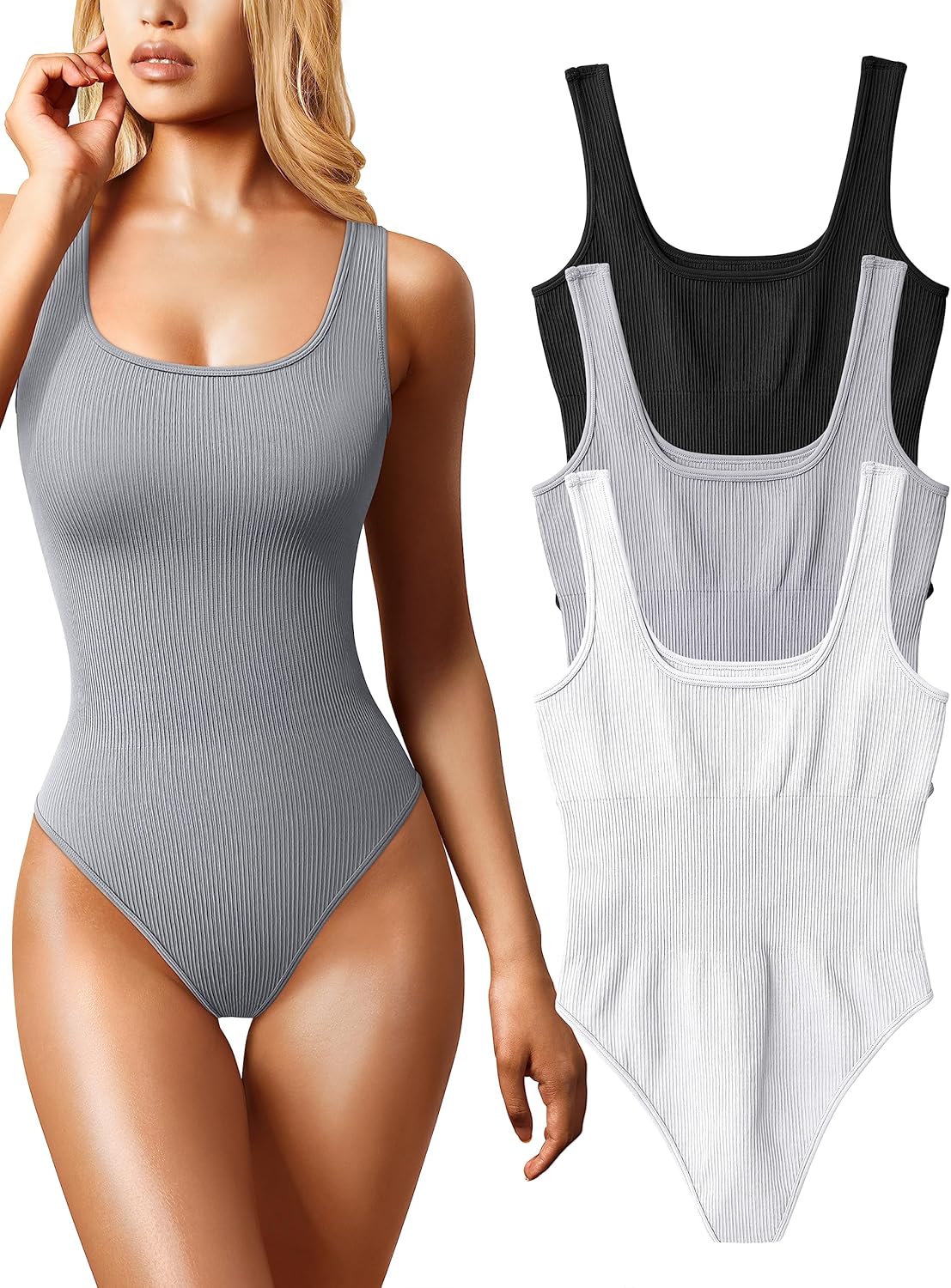 OQQ Women's 3 Piece Bodysuits with Sexy Ribbed Design for Style