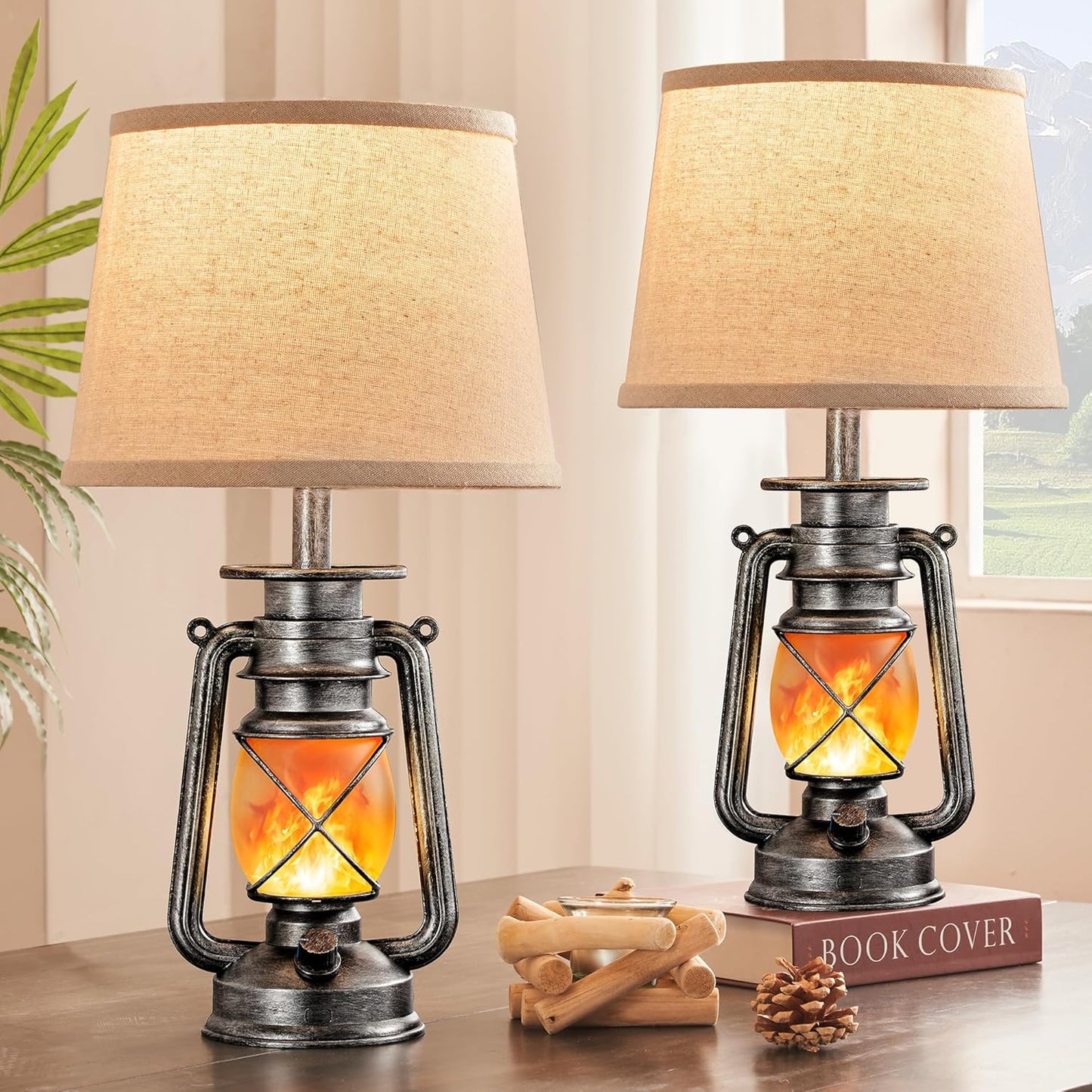 LEDIARY 18.72in Silver LED Lantern Flickering Flame Table Lamps