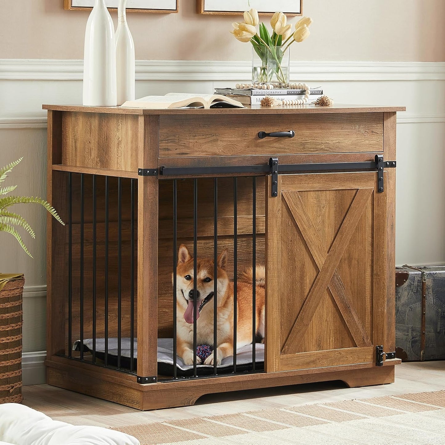 Large Dog Crate Furniture with Sliding Barn Door for Pets