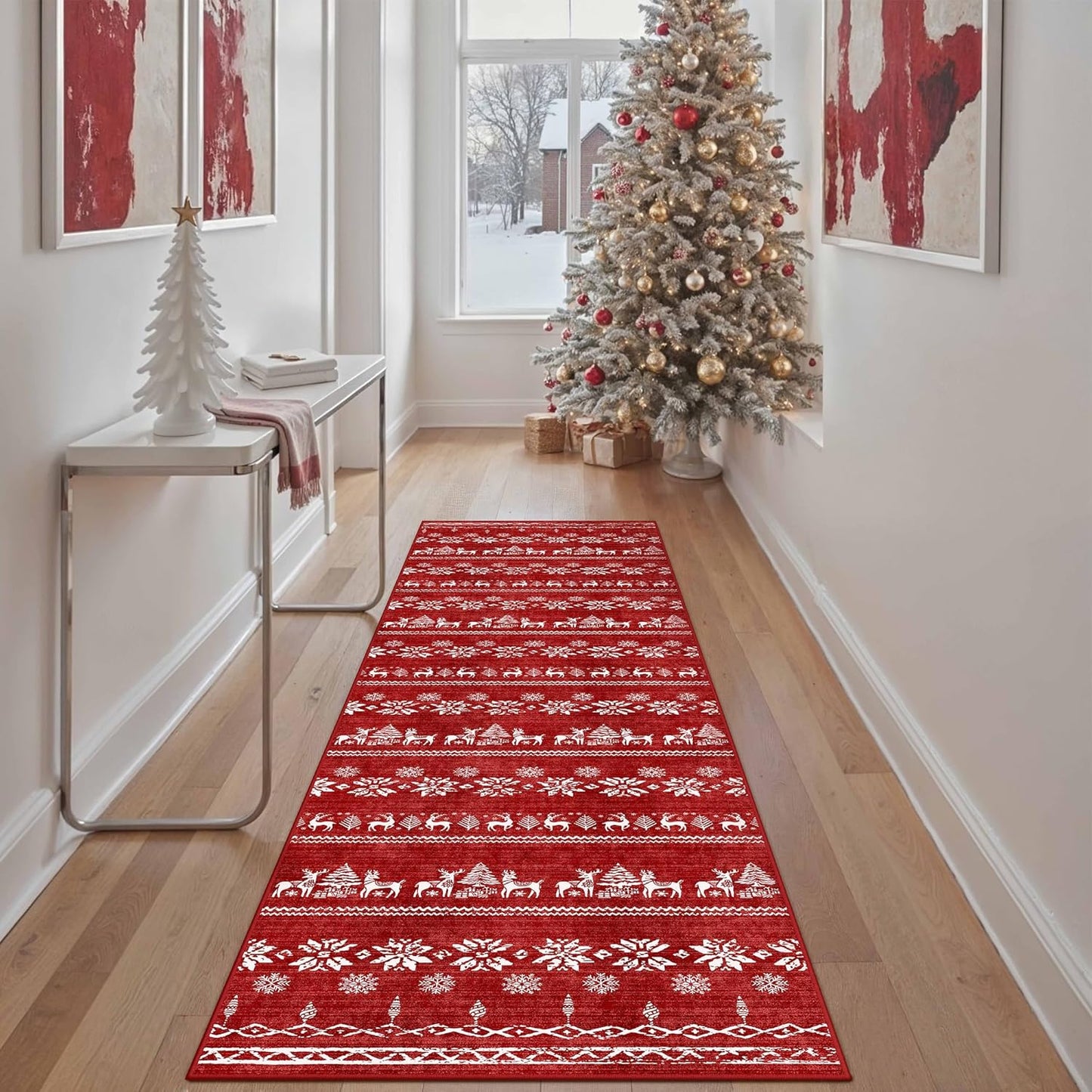 Christmas Runner Rug 2x6 Red Washable Non-Slip Holiday Decor