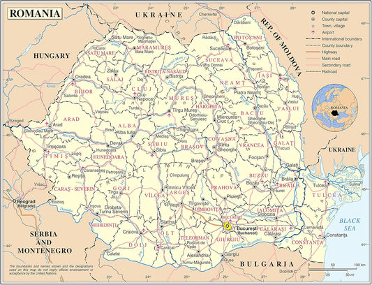 Large Detailed Map of Romania: Roads, Cities, Airports - 24x31