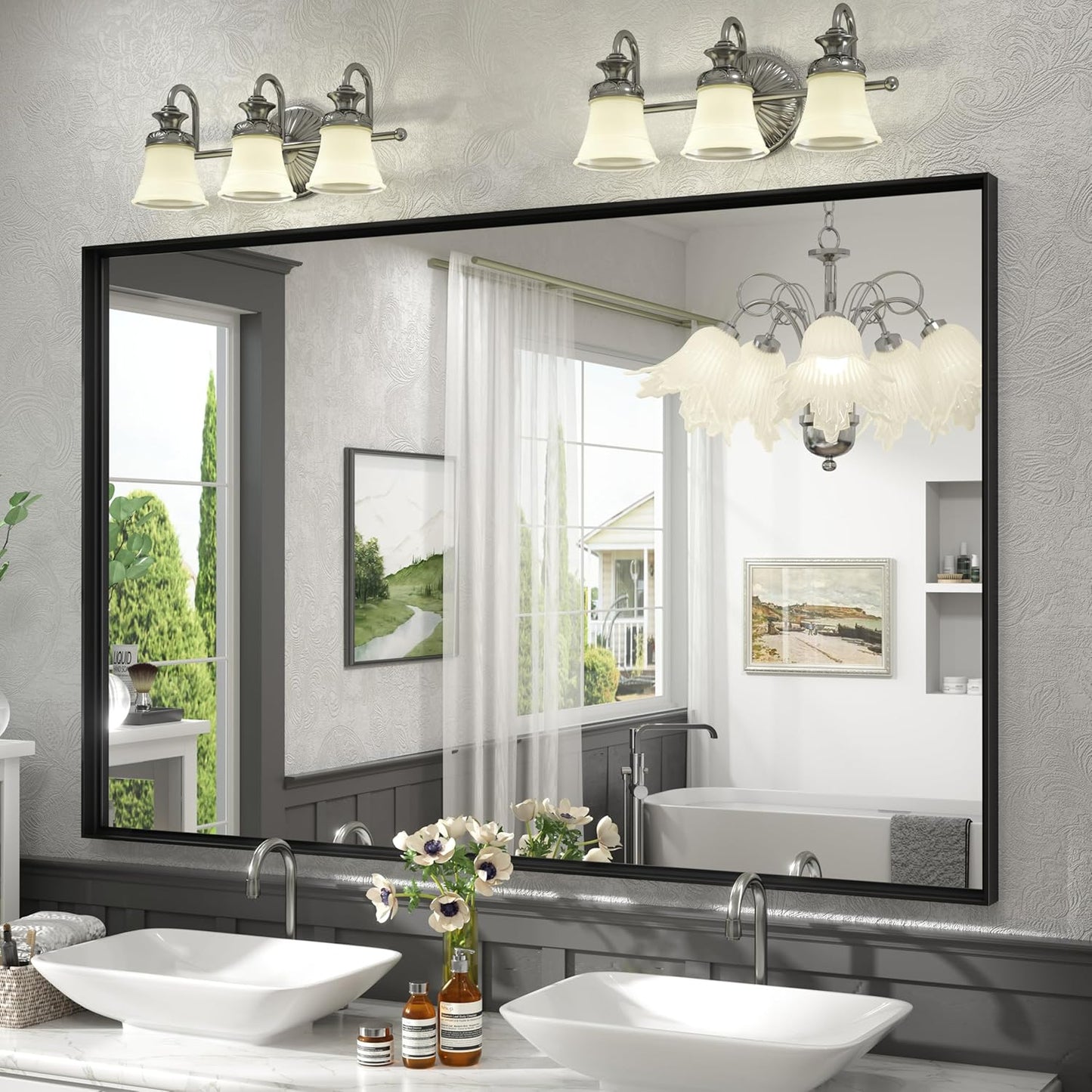 Stylish 50x40 Inch Black Metal Framed Bathroom Mirror for Wall