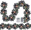 Prelit Poinsettia Christmas Garland with Lights - Black Glitter Accent