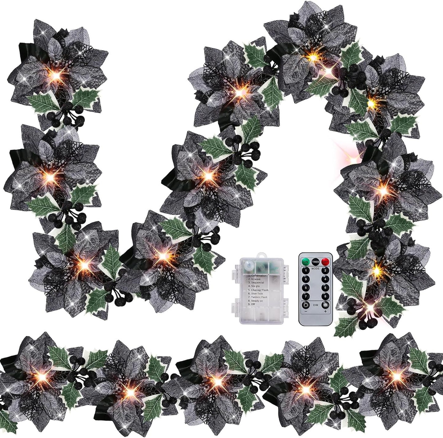 Prelit Poinsettia Christmas Garland with Remote Control Lights