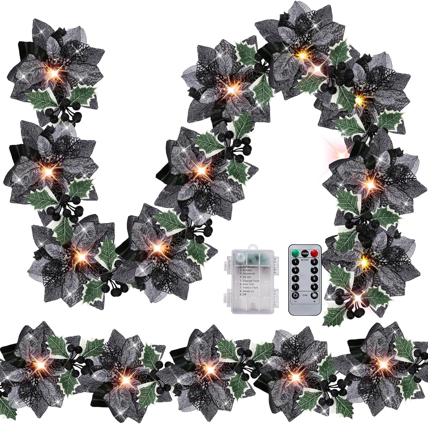Prelit Poinsettia Christmas Garland with Remote Control Lights