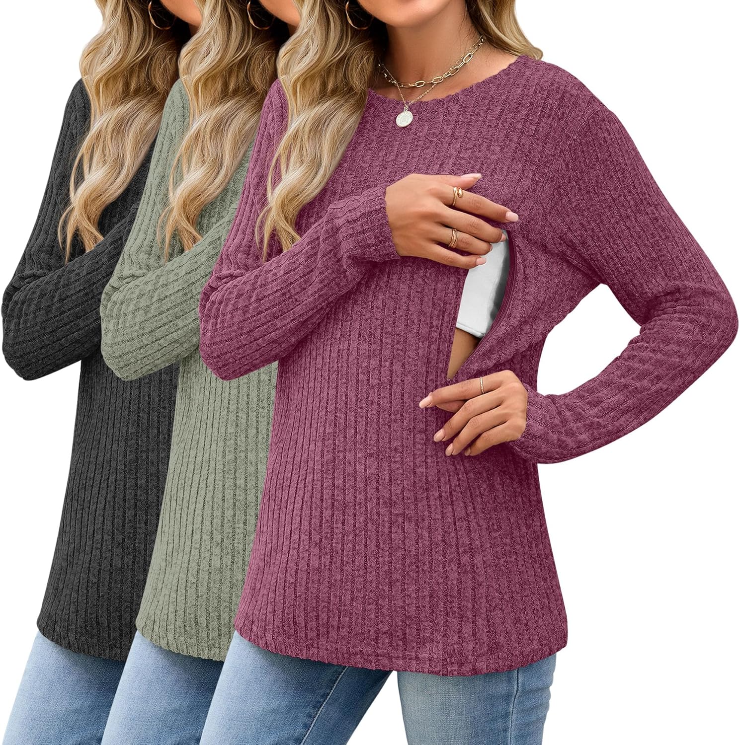 3 Pack Women's Nursing Long Sleeve Tops for Breastfeeding Comfort