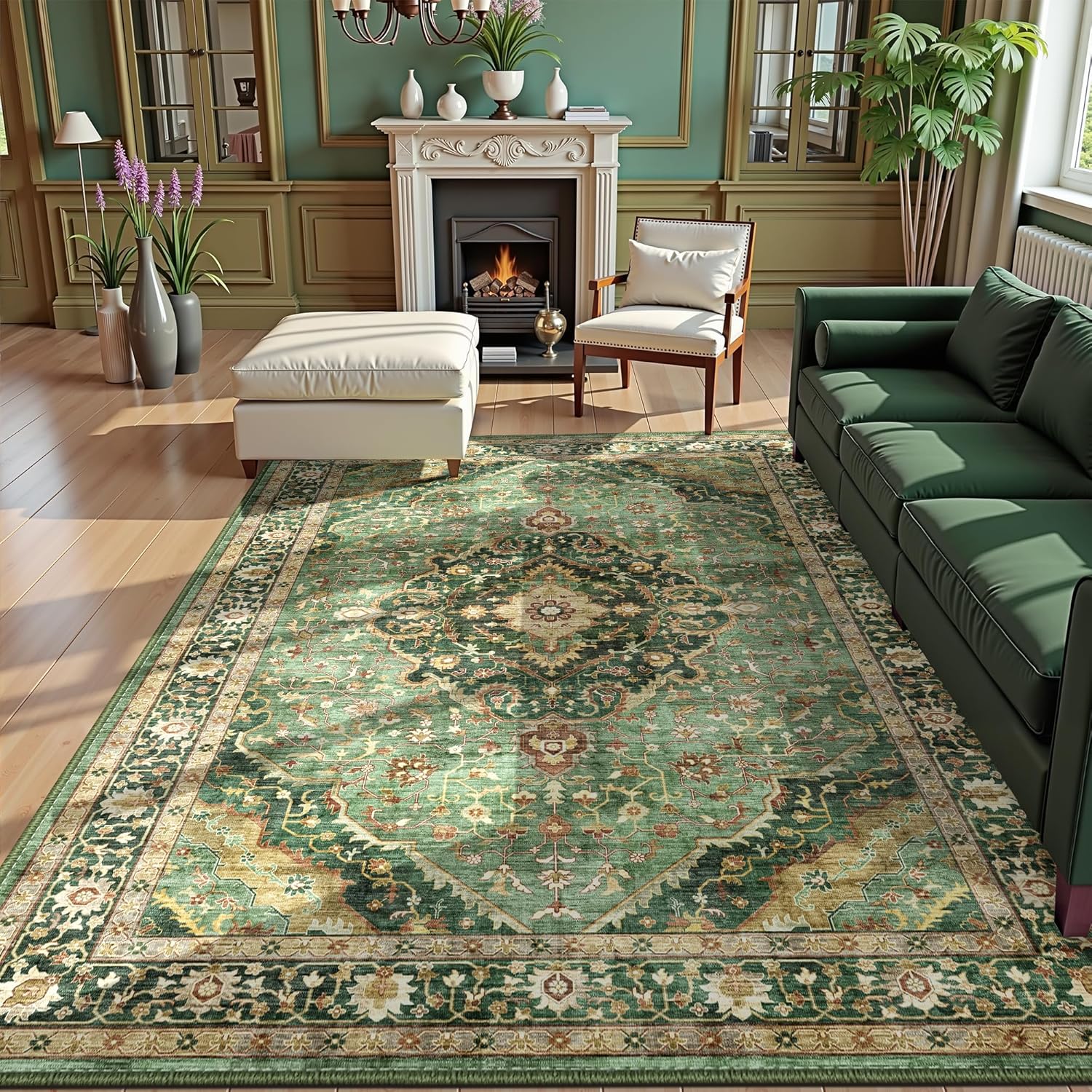 Green Rugs for Bedroom Area Rugs 5x7 Washable Boho Vintage