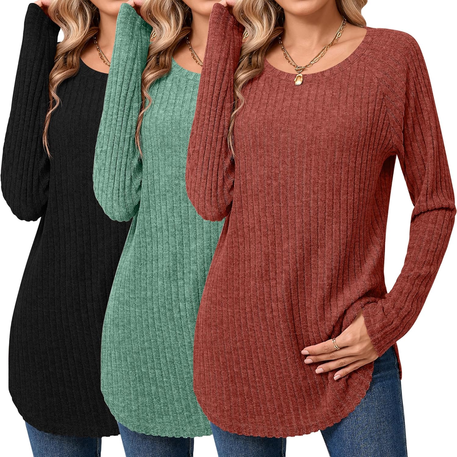 Ficerd Women's Curved Hem Long Sleeve Sweaters for Fall Style