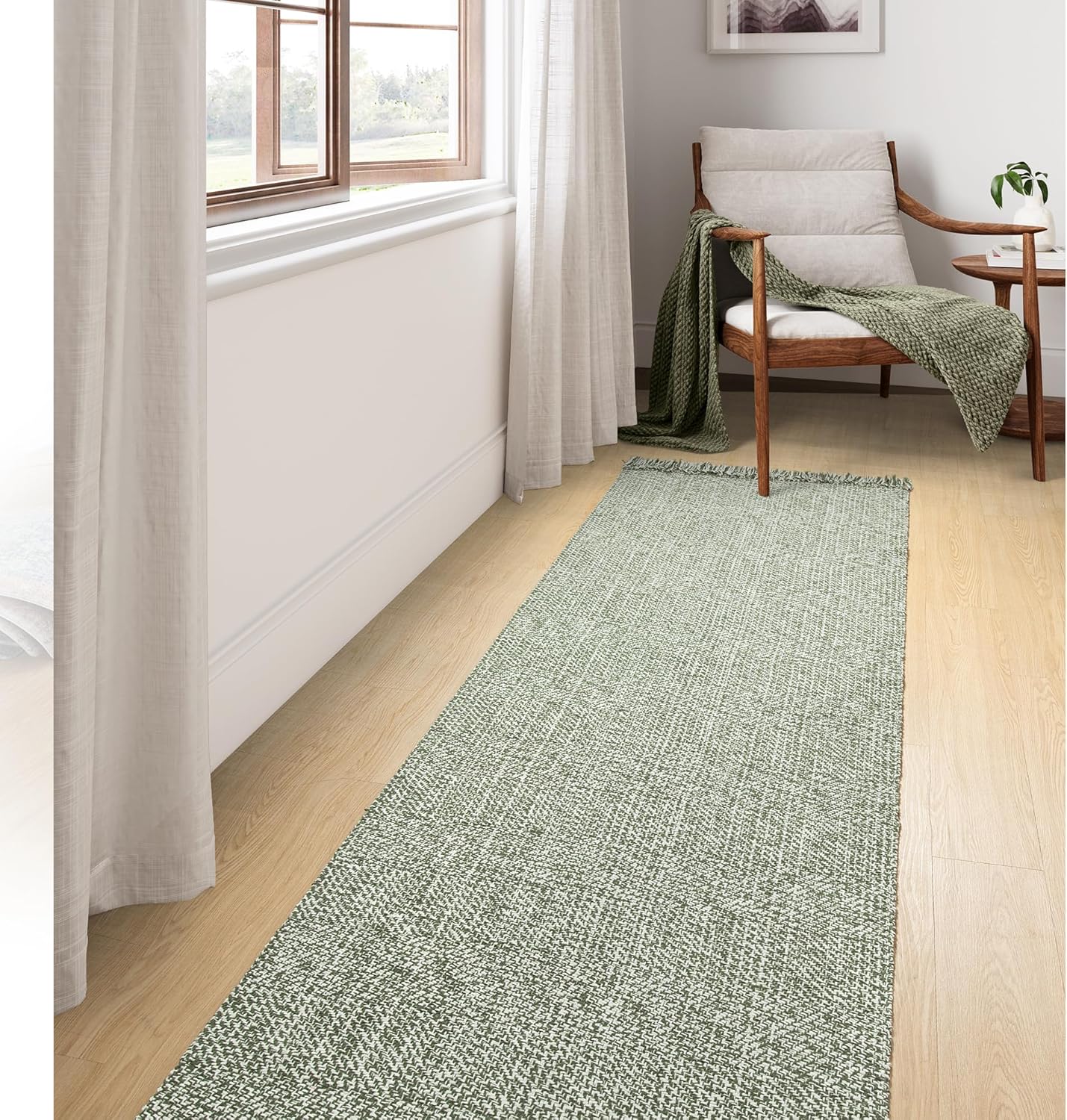 Collive Long Hallway Rug - Washable Olive Green Cream Carpet