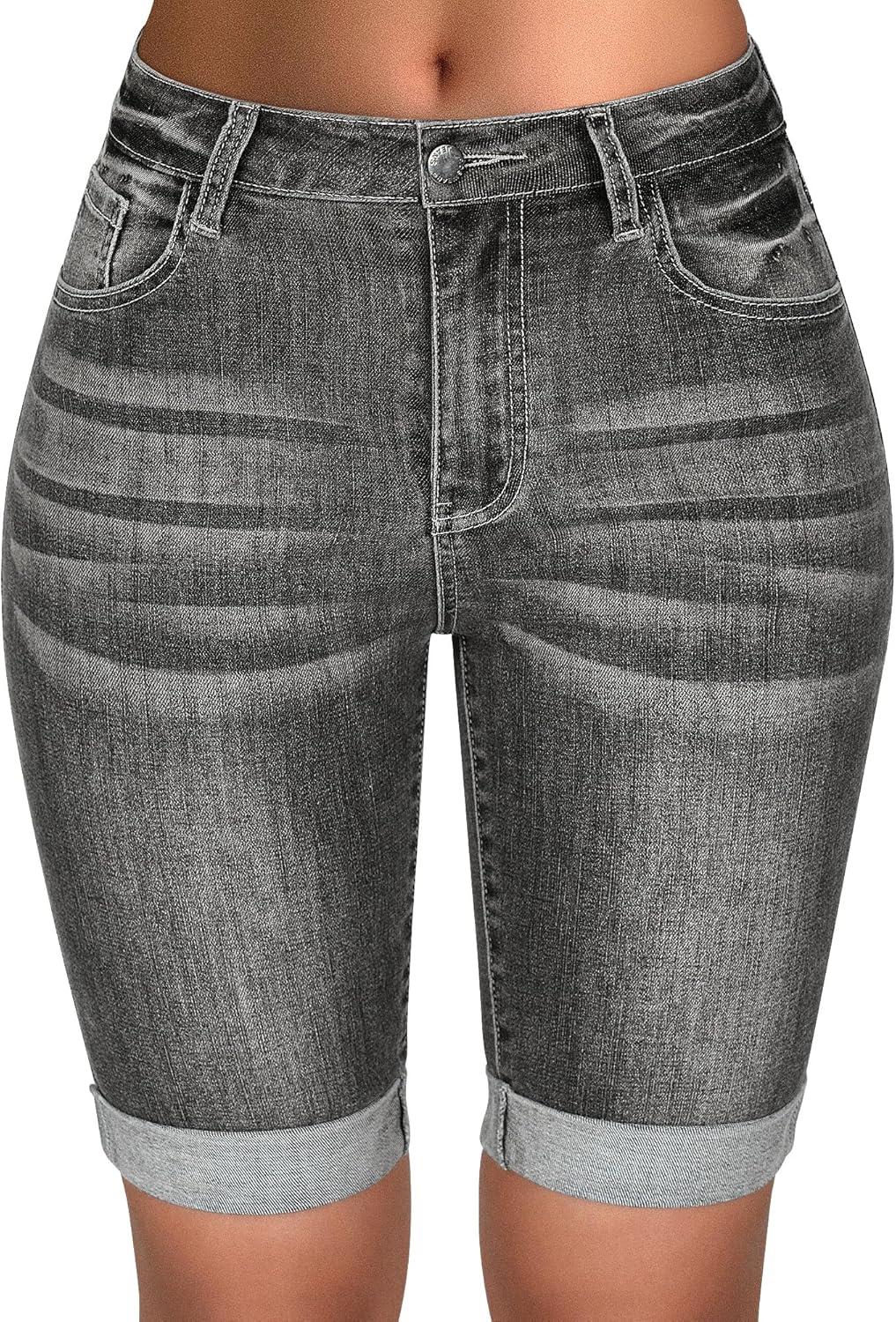Roswear Womens Mid Rise Roll Cuff Bermuda Stretch Denim Shorts