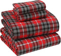 Full Size Red Plaid Flannel Sheets Set - 100% Cotton, Deep Pockets