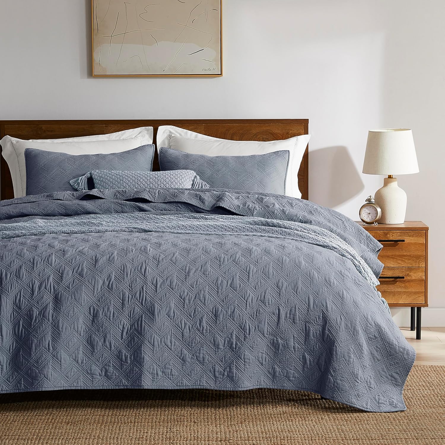 WDCOZY 100% Cotton Twin Size Quilt Set - Dusty Blue Elegance