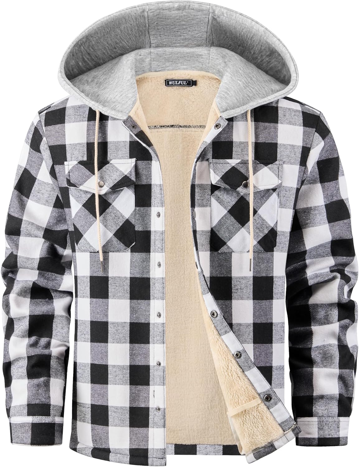 WULFUL Men's Flannel Plaid Shirt Jacket with Hood for Winter