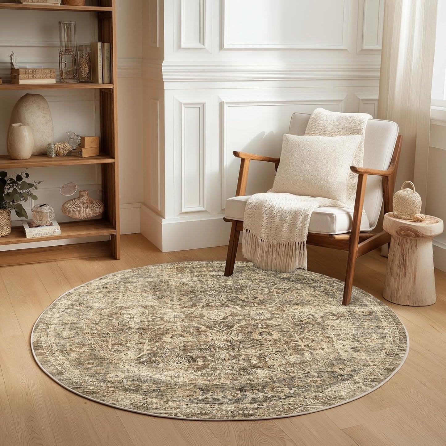 FMFUNCTEX 5ft Round Washable Area Rug for Vintage Home Decor