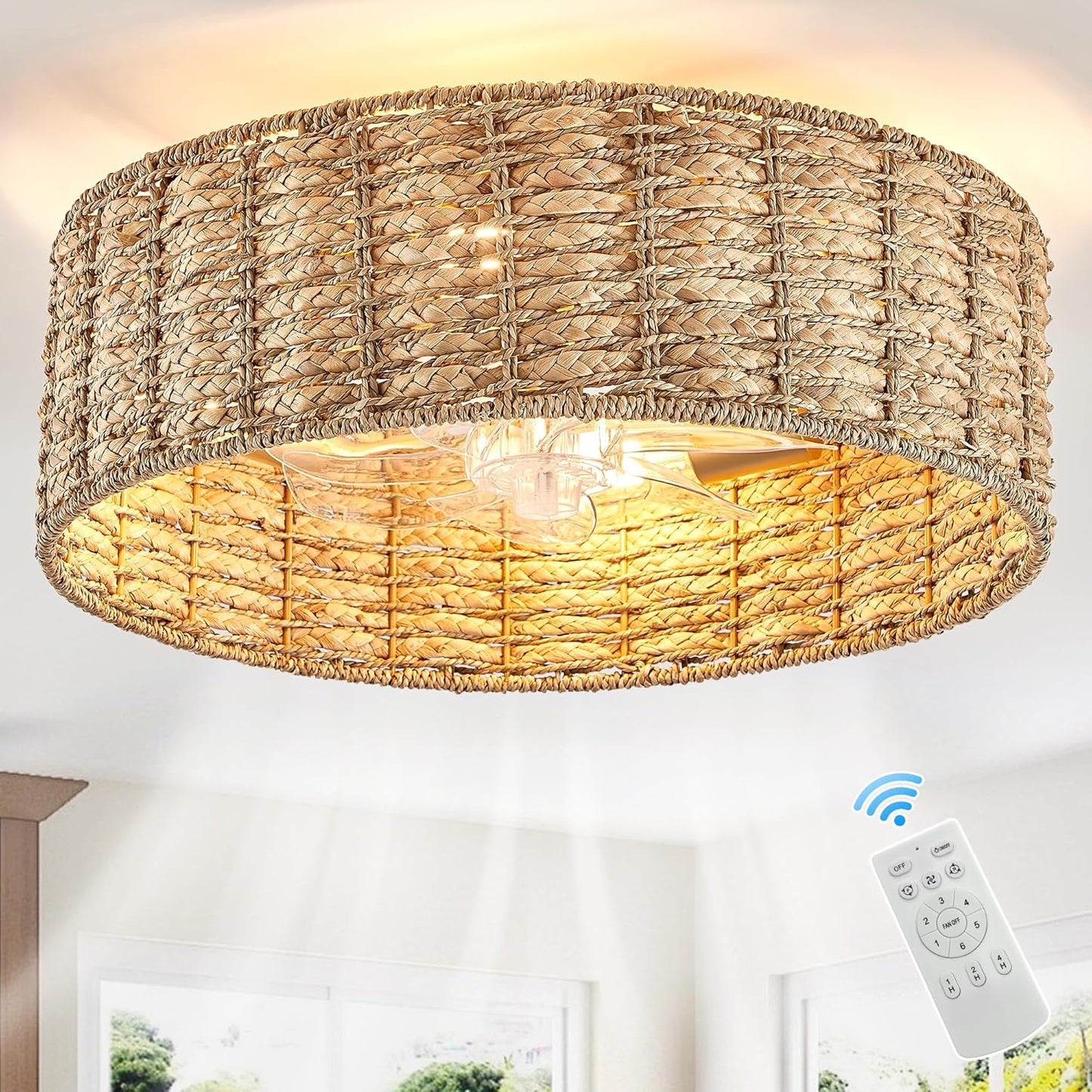 20 in Rattan Boho Ceiling Fan with Remote Control and Timer