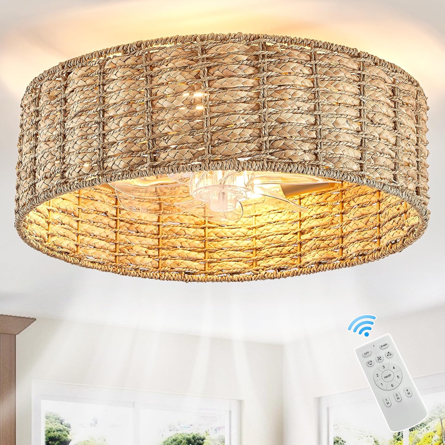 20 in Rattan Boho Ceiling Fan with Remote Control and Timer