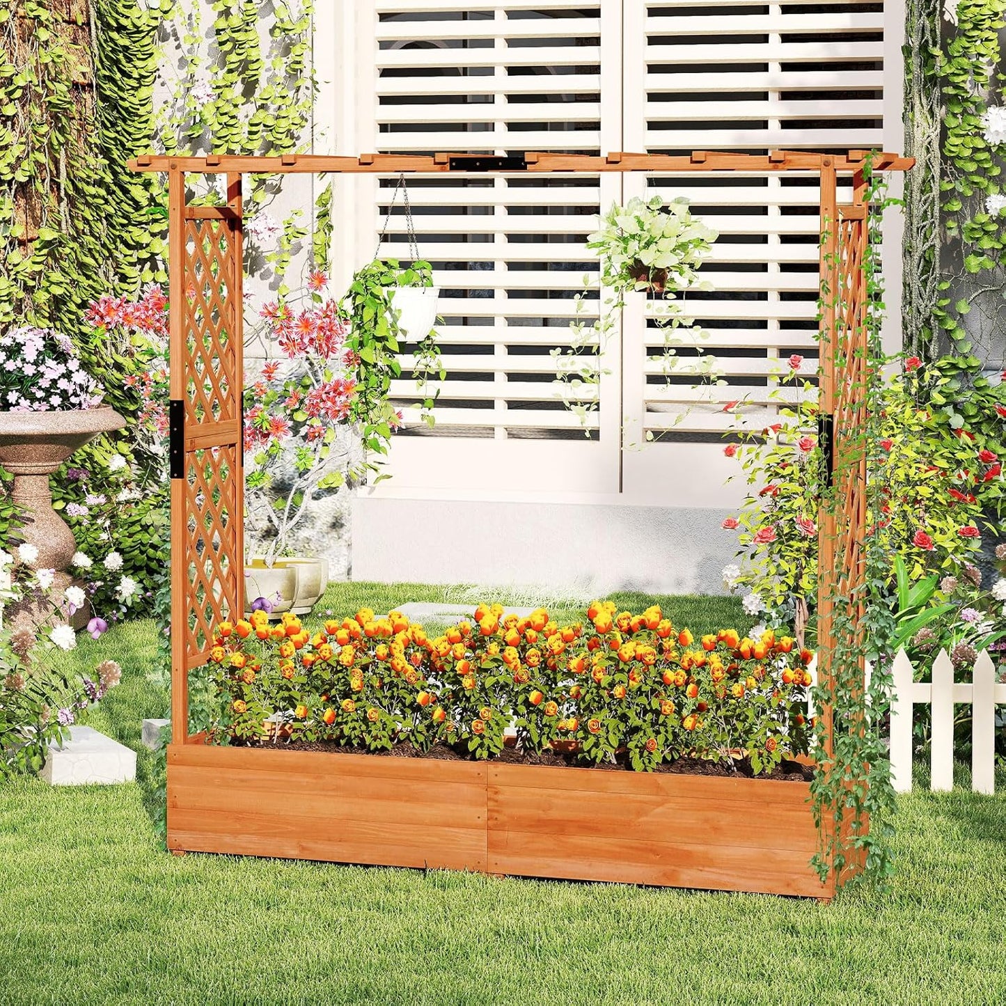 77-Inch Raised Garden Bed with Arch Trellis for Climbing Plants