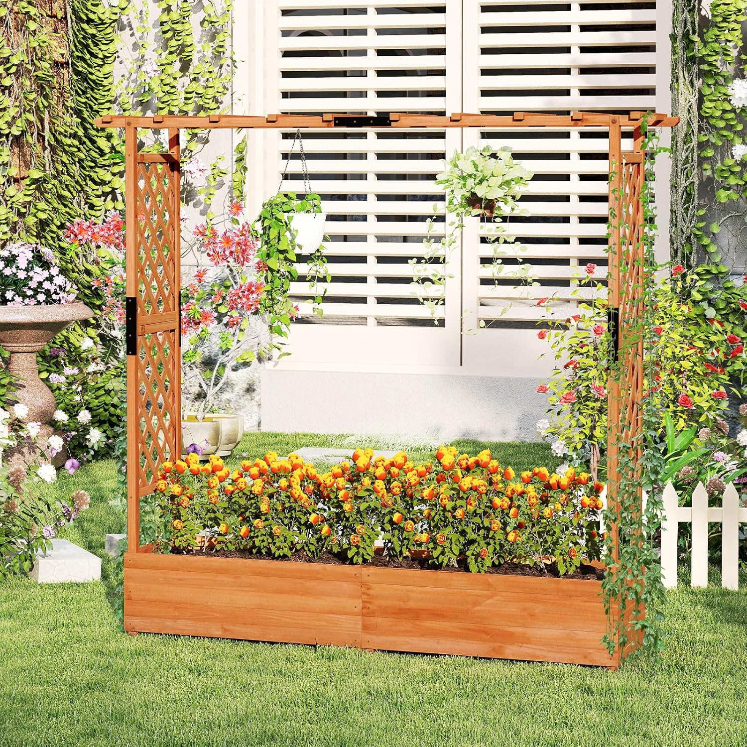 77-Inch Raised Garden Bed with Arch Trellis for Climbing Plants