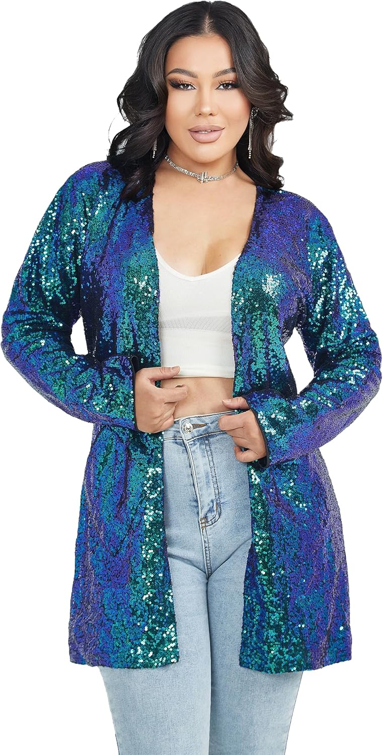Women's Sequin Jacket Long Sleeve Open Front Blazer for Parties