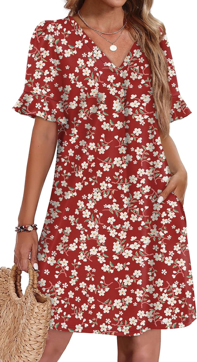 OFEEFAN Summer Dresses for Women with Ruffle Short Sleeves