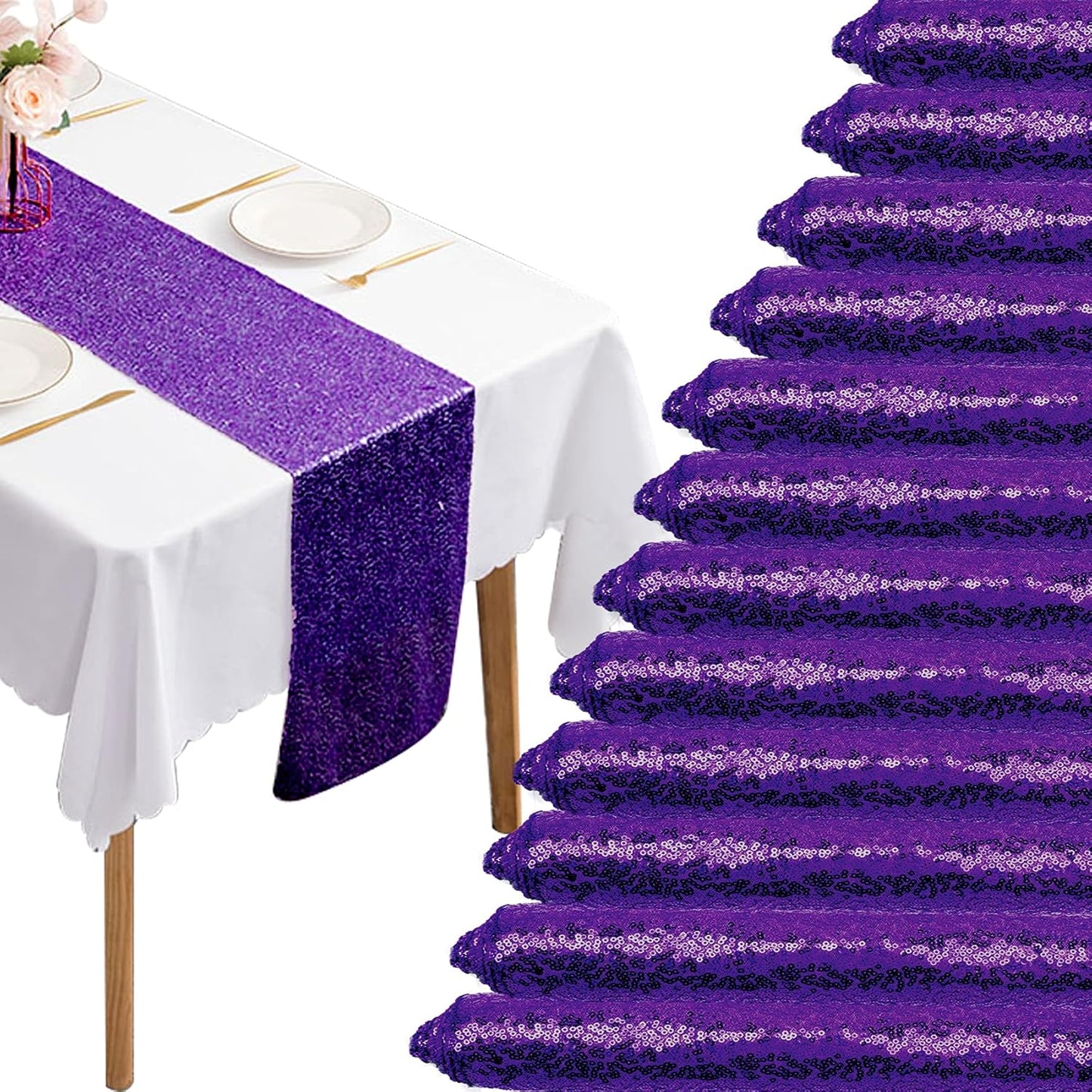 Purple Sequin Table Runner for Weddings and Parties - 12 Packs