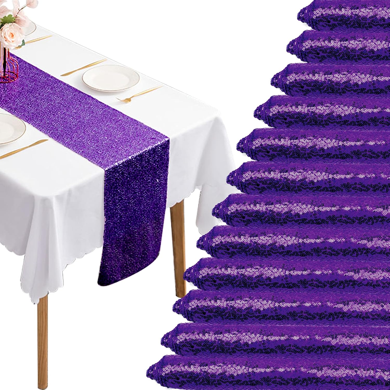 Purple Sequin Table Runner for Weddings and Parties - 12 Packs