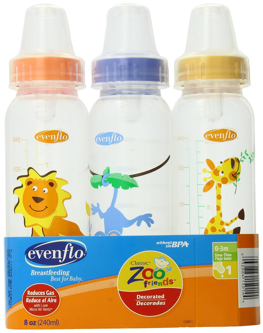 Evenflo Zoo Friends 3-Pack: Leak-Proof 8oz Baby Bottles