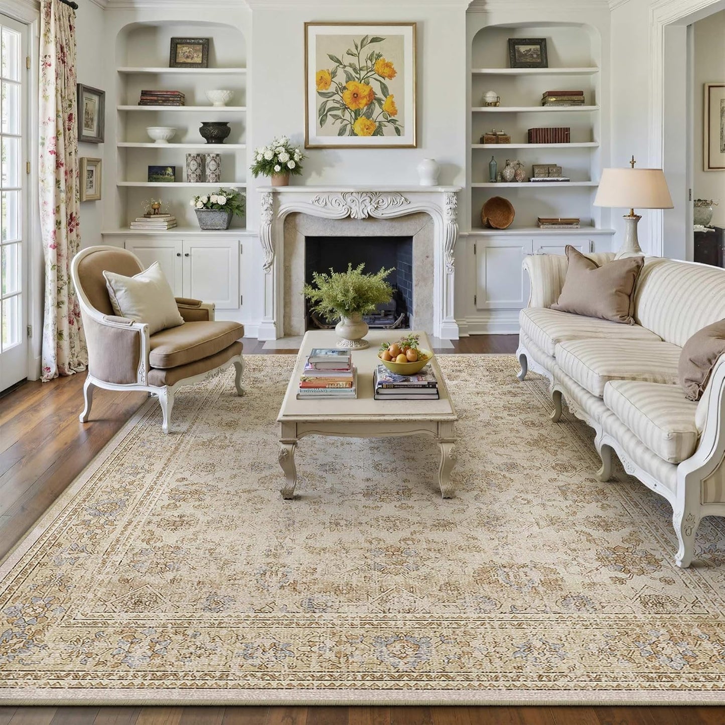 8x10 Area Rug Beige Vintage Machine Washable for Living Room