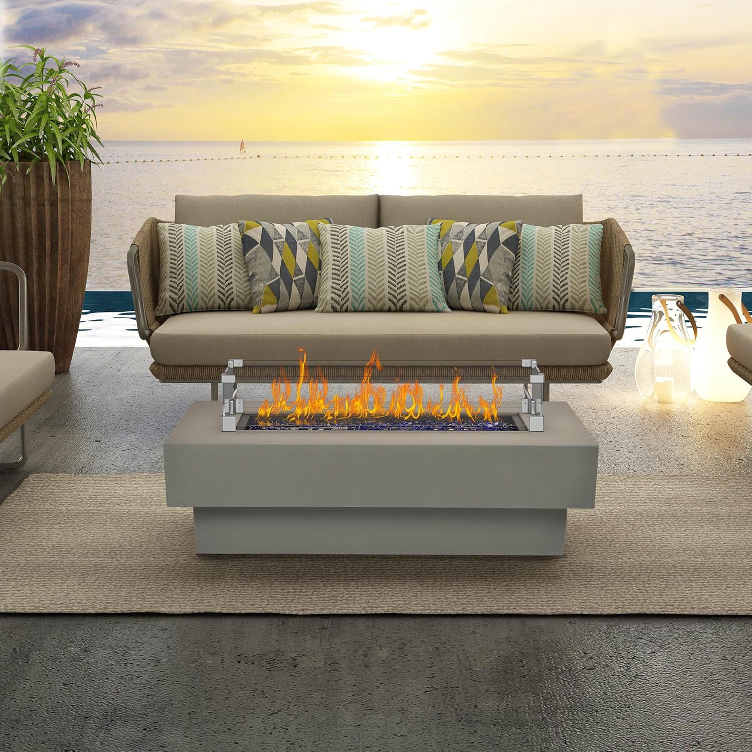 Outdoor Low Profile Fire Table with Wind Glass Shield, 48-in