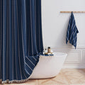 Boho Farmhouse Linen Shower Curtain Set - Navy Blue 72x78