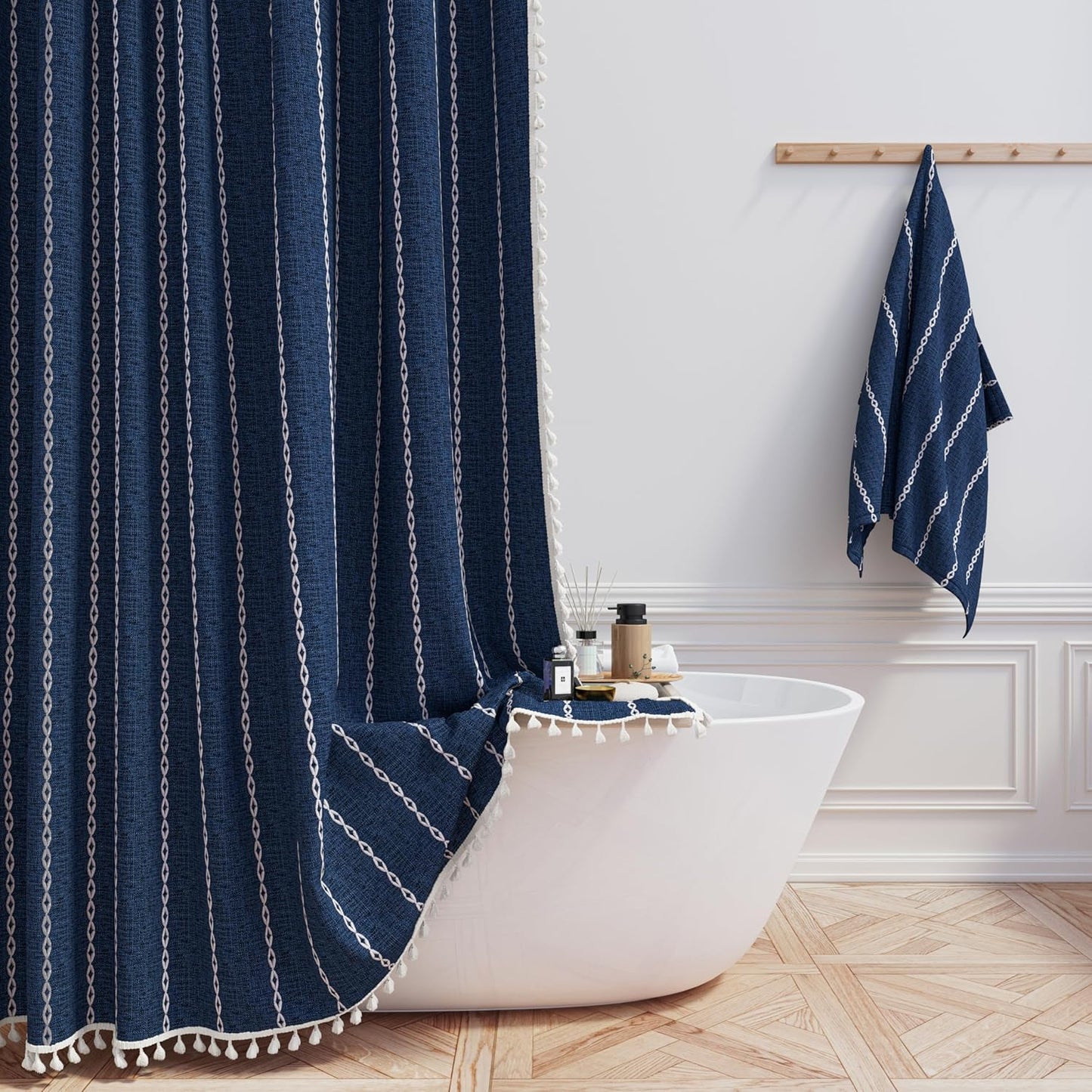 Boho Farmhouse Linen Shower Curtain Set - Navy Blue 72x78