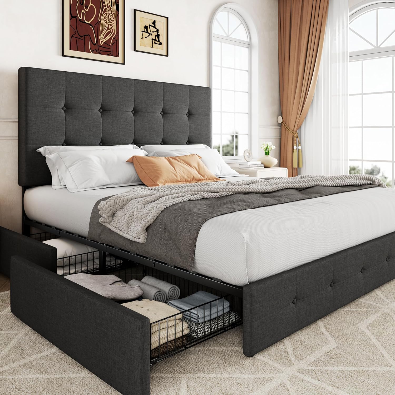 Upholstered Queen Size Platform Bed Frame with Storage Drawers