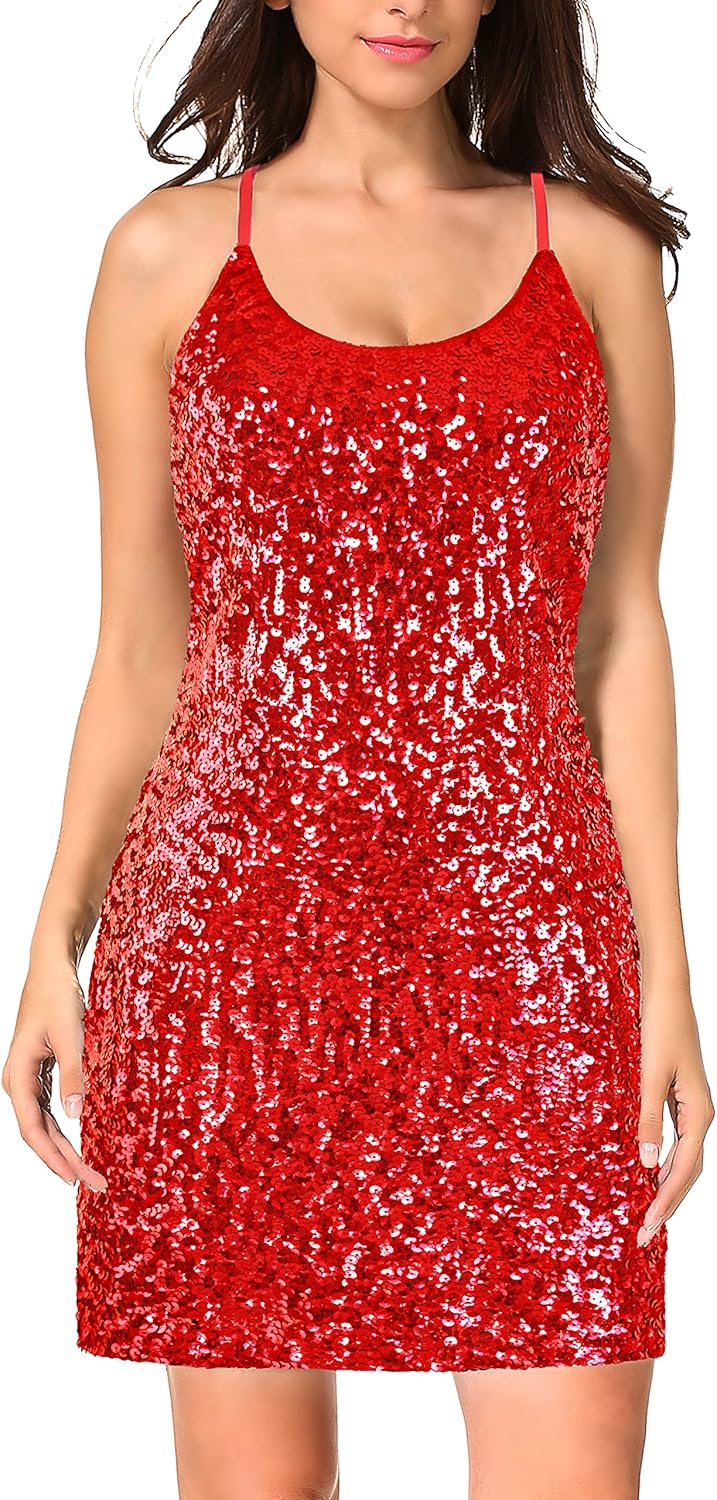 Glitter Sequin Dress for Women - Adjustable Spaghetti Strap Style