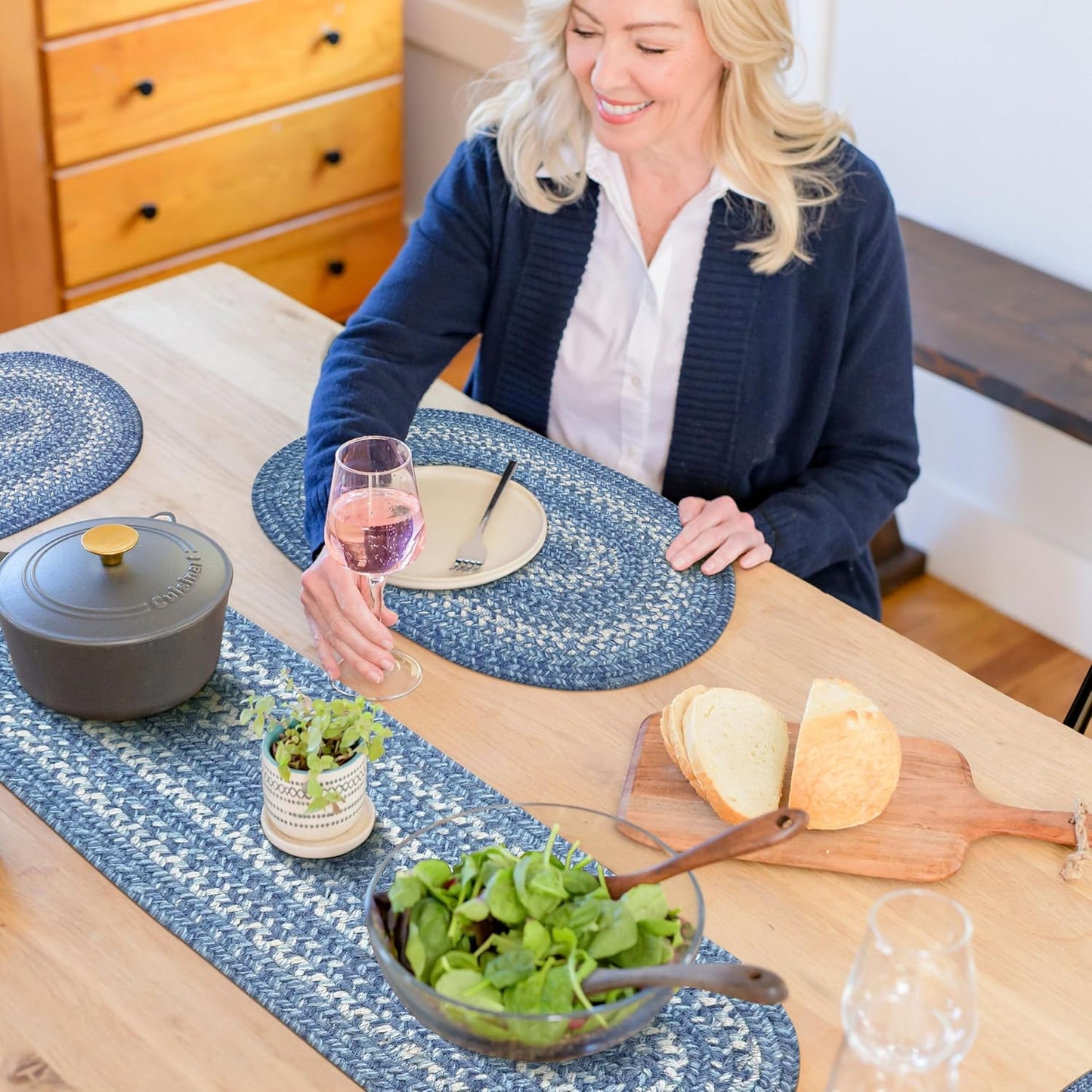 Denim Braided Oval Table Runner for Coastal Country Decor