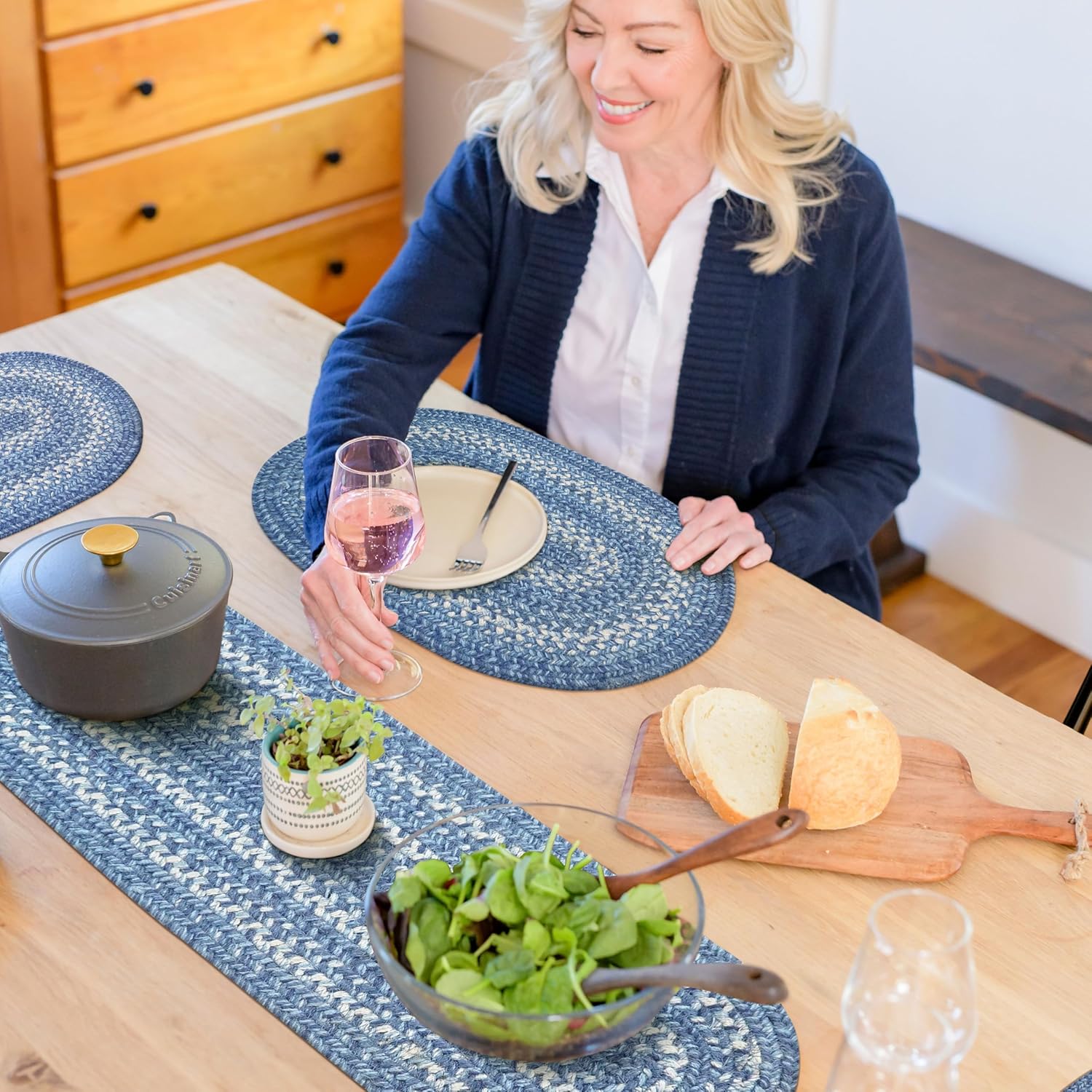 Denim Braided Oval Table Runner for Coastal Country Decor