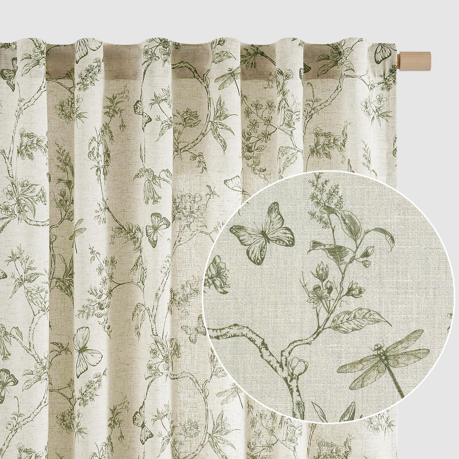 Linen Green Floral Curtains for Vintage Farmhouse Decor