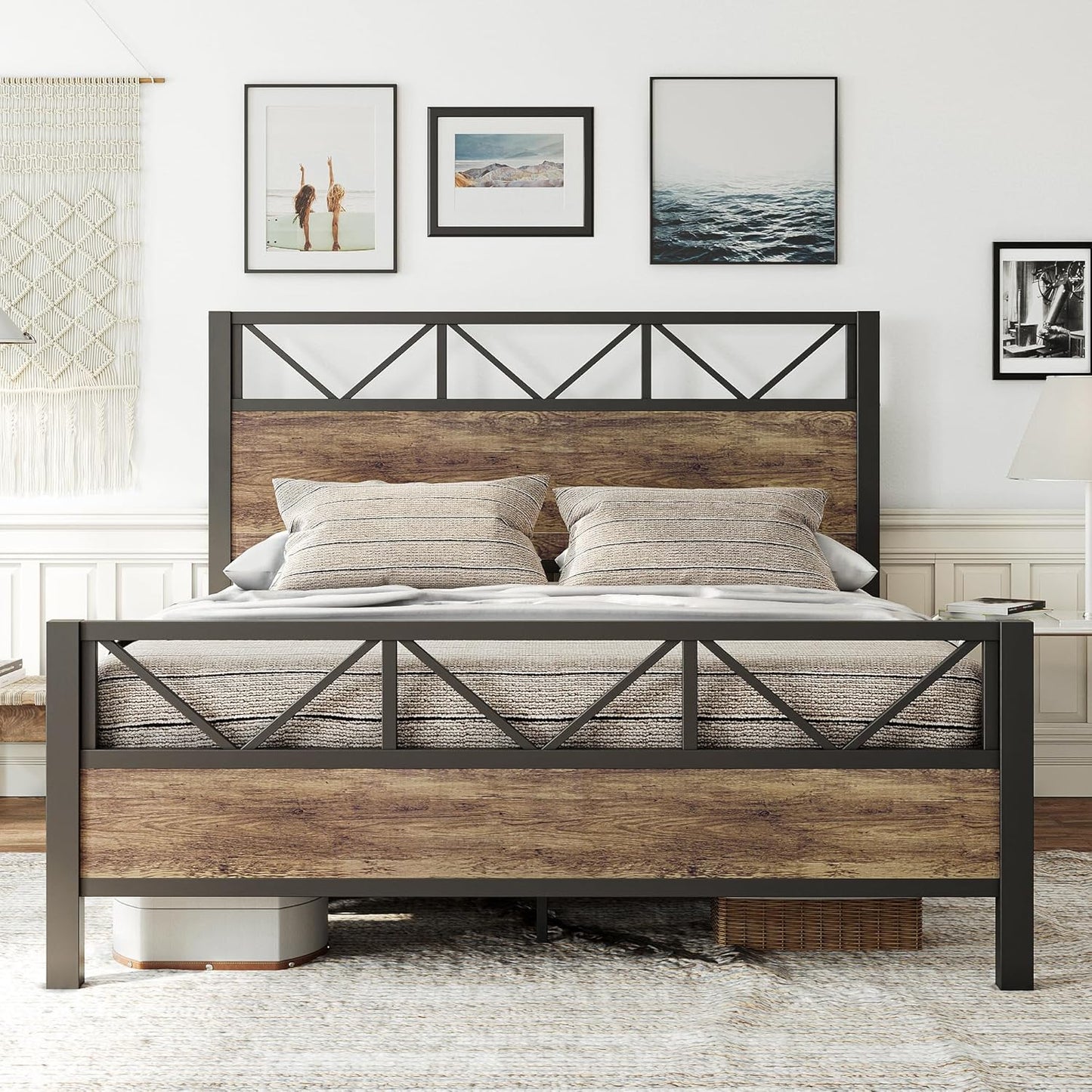 LIKIMIO Queen Bed Frame with Tall Industrial Headboard Design