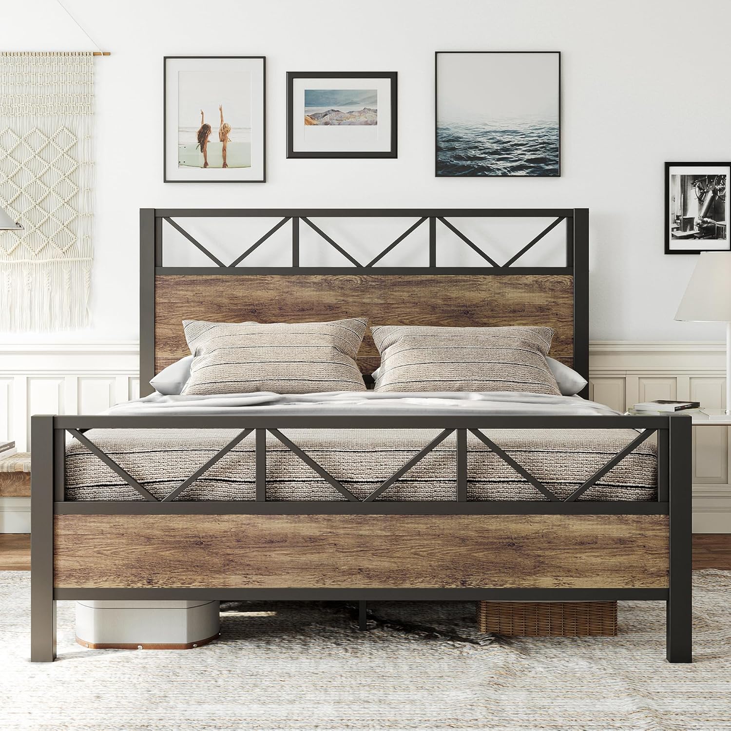 LIKIMIO Queen Bed Frame with Tall Industrial Headboard Design