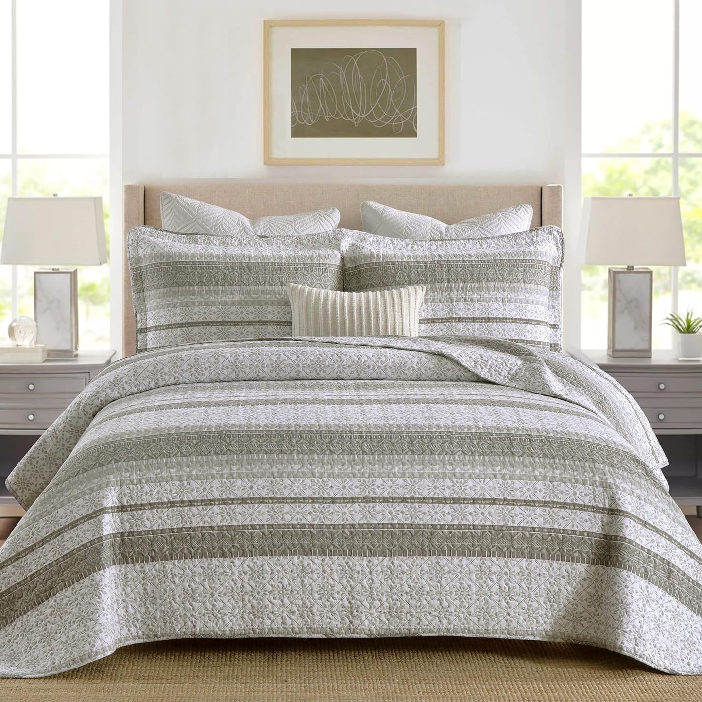 Homzard Quilts Queen Size - Grey White Snowflake Striped Set