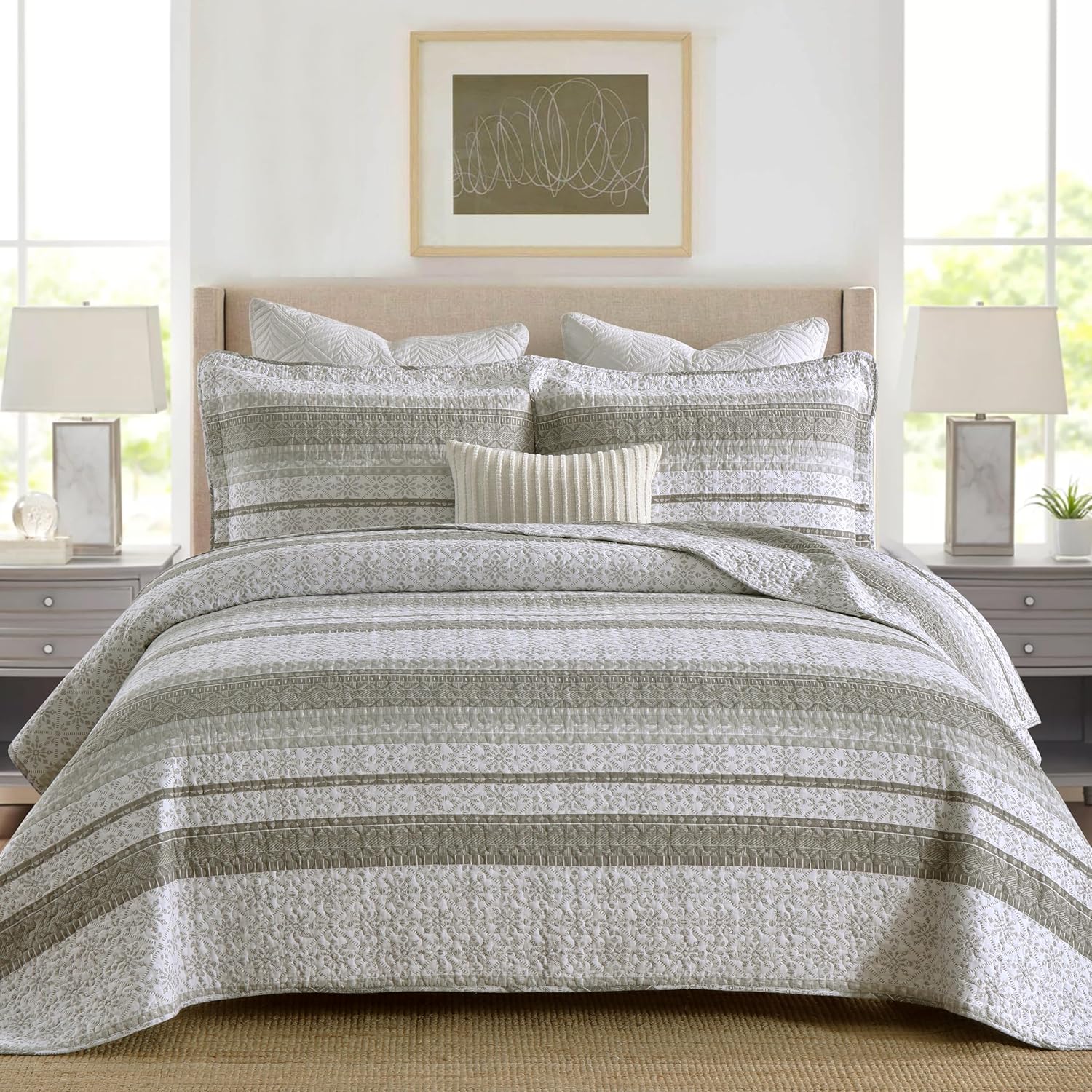 Homzard Quilts Queen Size - Grey White Snowflake Striped Set