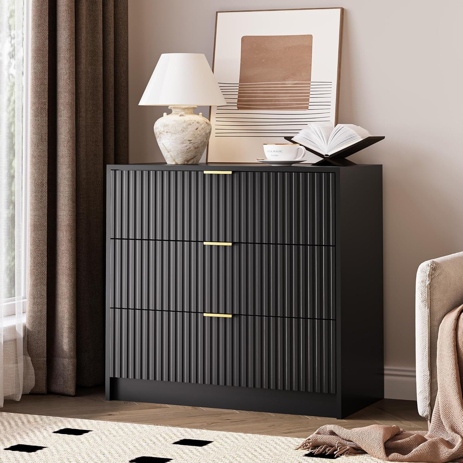 Black Fluted Dresser for Bedroom with Large Drawer and Style