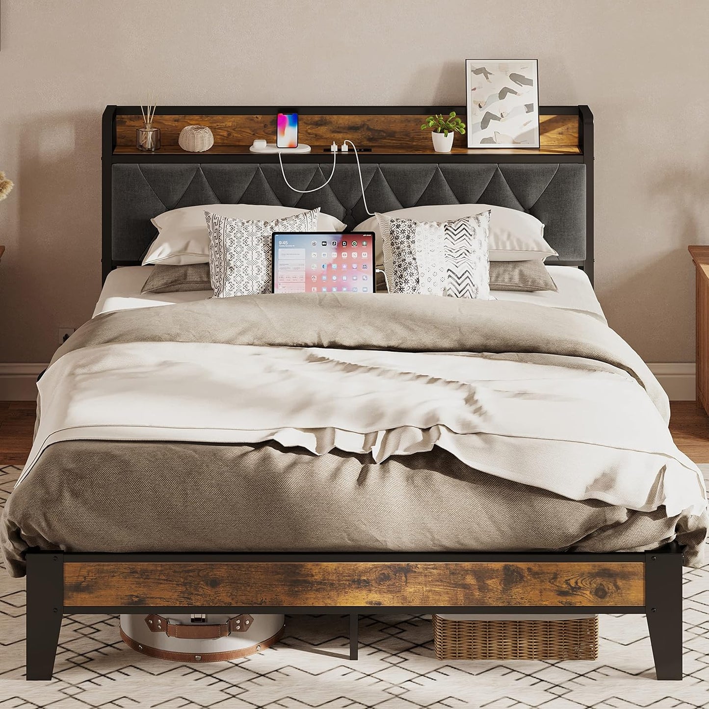 ANCOR Full Size Bed Frame with Storage Headboard and Outlets