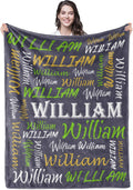 Personalized Name Grey Blue Flannel Throw Blanket 60in x 80in - Soft