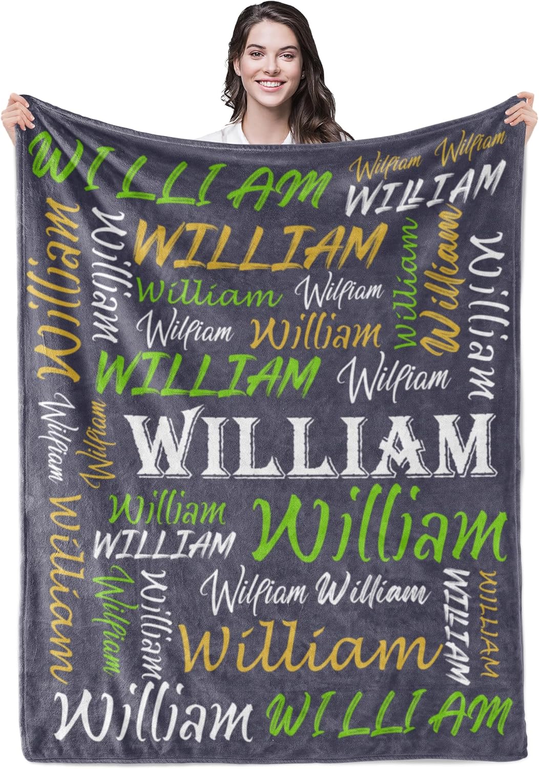 Personalized Name Grey Blue Theme Flannel Fleece Throw Blanket