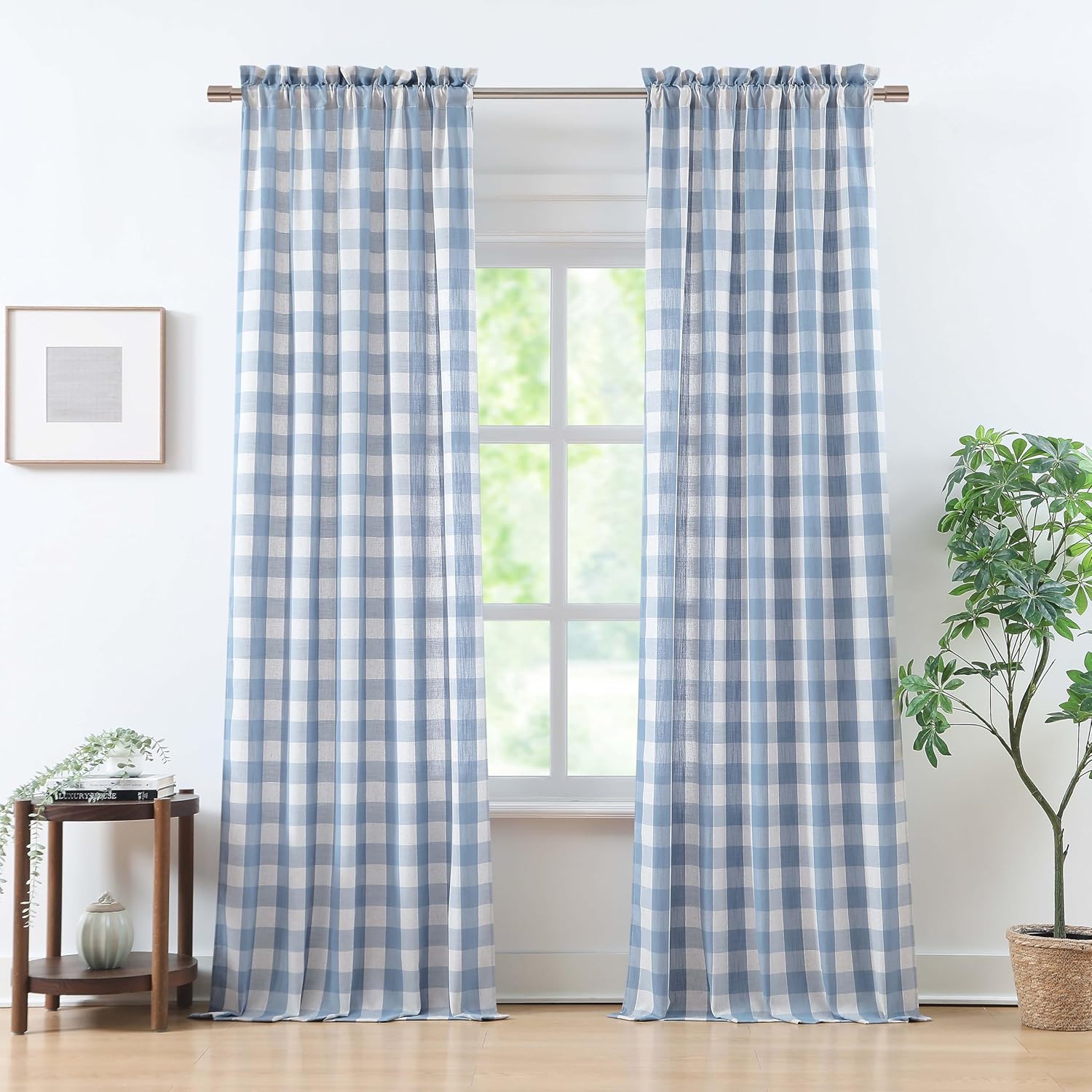 Beige-Dusty Blue Buffalo Check Curtains for Farmhouse Decor