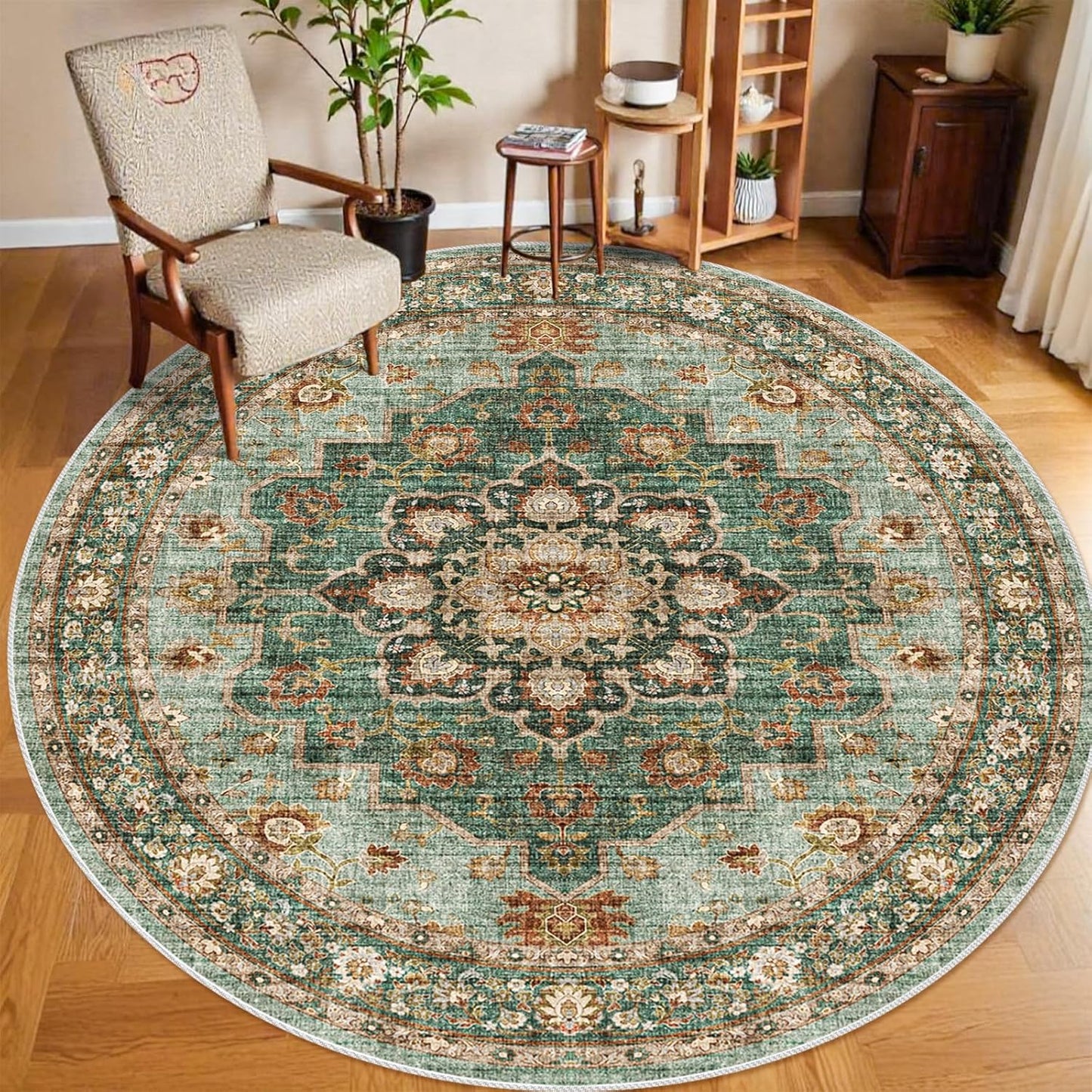 Washable Oriental Area Rug - 9ft Round Soft Carpet