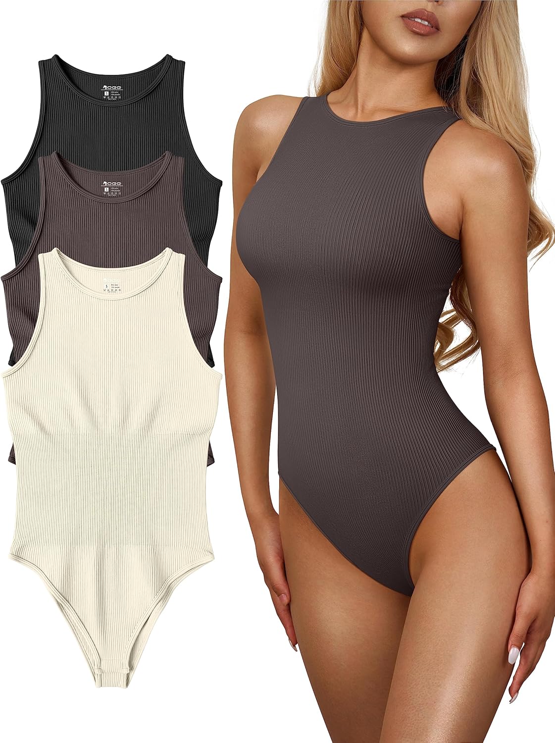 OQQ Women's 3 Piece Bodysuits Trendy Ribbed Sleeveless Tops