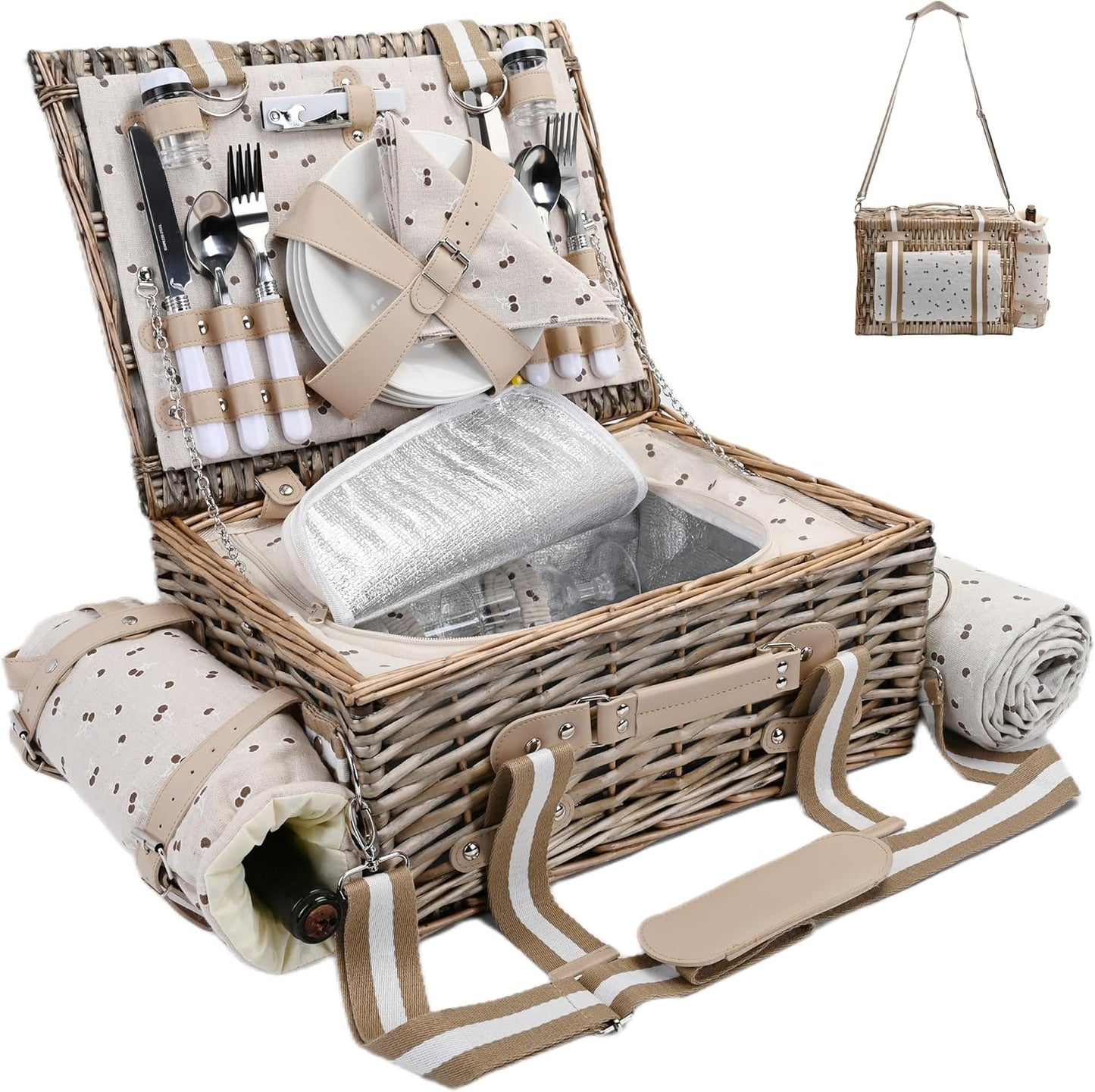 Wicker Picnic Basket Set for 4 with Insulated Liner and Blanket