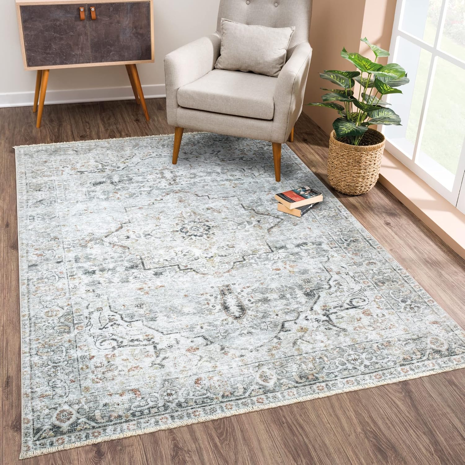 Caria Washable Non-Slip 3x5 Rug - Ivory/Gray/Caramel Design